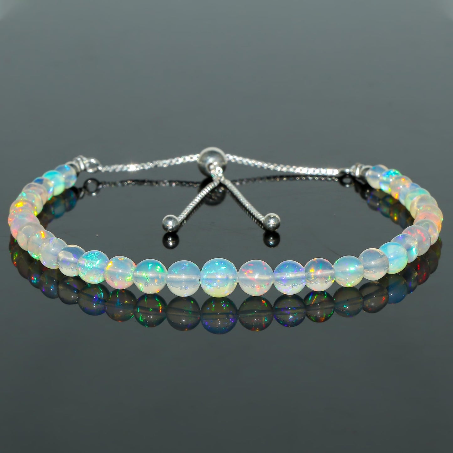 CRYSTALINES Natural Ethiopian Opal Crystal Beaded Bolo Bracelet, Handmade Gemstone Jewelry, Silver Adjustable Clasp, Chakra Healing Stone, October Birthstone, Bohemian Gift for Women (Size-10inch)