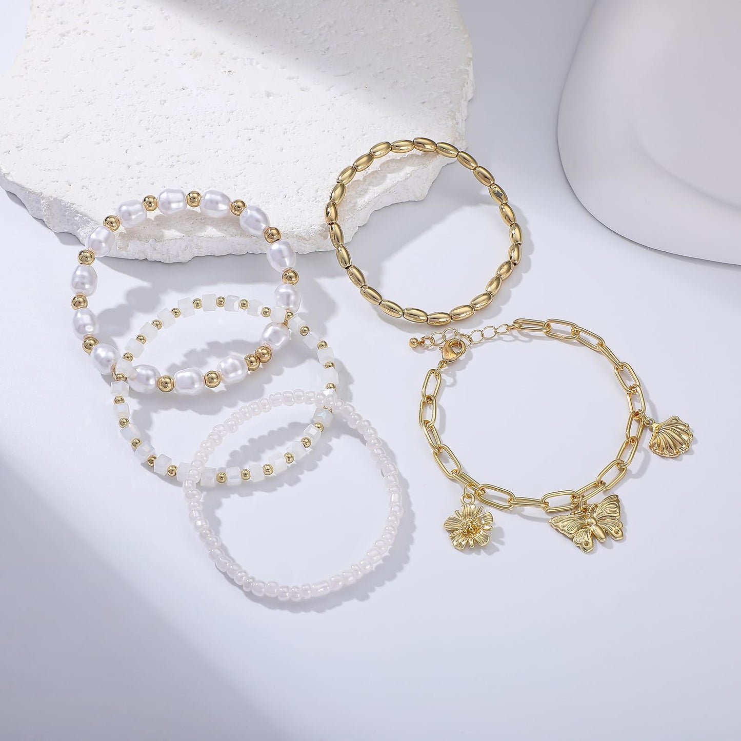 RISHEGAE Heishi Beaded Stretch Bracelets for Women Stackable Gold Polymer Clay Beads Bracelets Friendship Boho Summer Beach Bracelet Jewelry Set (E-Link 3 charm)