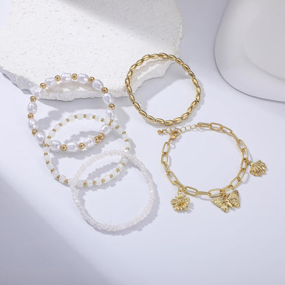 RISHEGAE Heishi Beaded Stretch Bracelets for Women Stackable Gold Polymer Clay Beads Bracelets Friendship Boho Summer Beach Bracelet Jewelry Set (E-Link 3 charm)