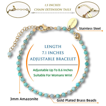 Morchic 3mm Green Amazonite Natural Gemstone Beaded Bracelet for Women, Dainty Tiny Charm Jewelry, Adjustable 7.1-8.6", Ideal Birthday Holiday Gift