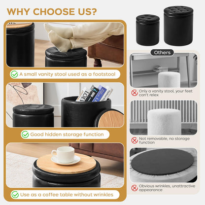 oakvivo Round Ottoman with Storage Set of 2, 12.6" W x 14.17" H & 14.76" W x 17.32" H Faux Footstool Storage Ottomans for Bedroom, Living Room Padded Coffee Table Ottomen, Black