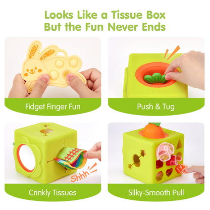 hahaland Baby Toys 6-12 Months - 13 PCS Whats Inside Box Surprise Developmental Toy and Silicone Baby Tissue Box Toy, Montessori Toys for 6 Month Old Gifts