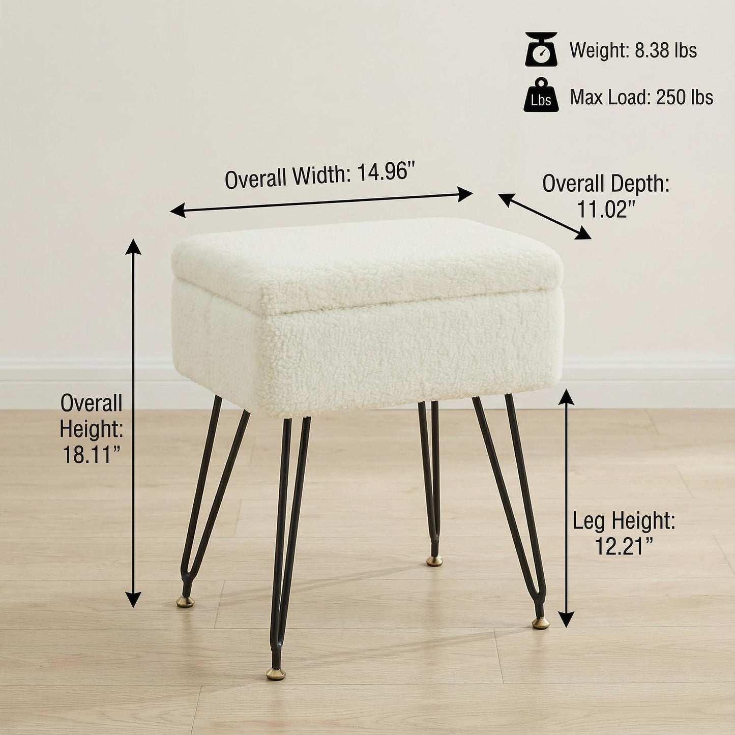 Leesingdo Vanity Stool Chair, Faux Teddy Fur Ottoman Foot Stool with Metal Legs & Adjustable Black Feet, Flip Top Storage Makeup Chair with Soft Padded Seat, Foot Rest for Makeup Room Bedroom, White
