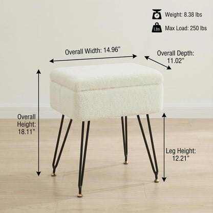Leesingdo Vanity Stool Chair, Faux Teddy Fur Ottoman Foot Stool with Metal Legs & Adjustable Black Feet, Flip Top Storage Makeup Chair with Soft Padded Seat, Foot Rest for Makeup Room Bedroom, White