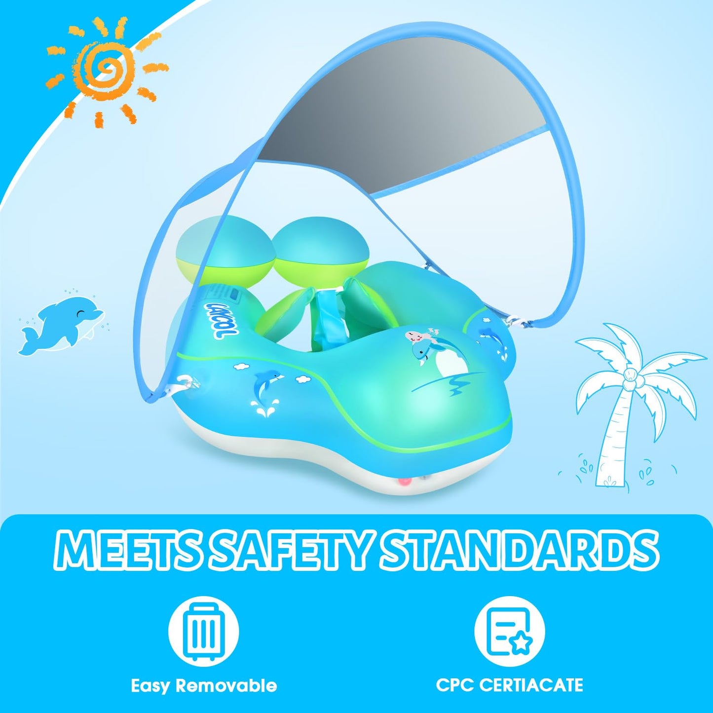 Upgraded No Flip Over Baby Pool Float, Baby Float with Canopy UPF50+, Inflatable with Double Air Chambers,Five Safety Protection Anti-flip Safe, Baby Swimming Float with 2 Tail for 6-36 Months(Blue L)