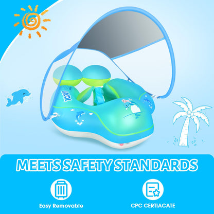 Upgraded No Flip Over Baby Pool Float, Baby Float with Canopy UPF50+, Inflatable with Double Air Chambers,Five Safety Protection Anti-flip Safe, Baby Swimming Float with 2 Tail for 6-36 Months(Blue L)