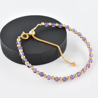QNAVIC Purple Amethyst Dainty Bangle Bracelet For Women, Chakra Healing Crystal Gemstone February Birthstone, Gold Plated Ball link Bracelet 6-8 Inches Christmas and Birthday Gifts for Her