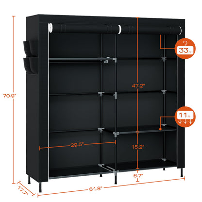 CASAMAYA Portable Closet, 61.8 Inch Large Capacity Wardrobe Closet with Cover, Clothes Storage Organizer with Shelves and 2 Hanging Rods, Easy to Assembly, Black PCT222B01