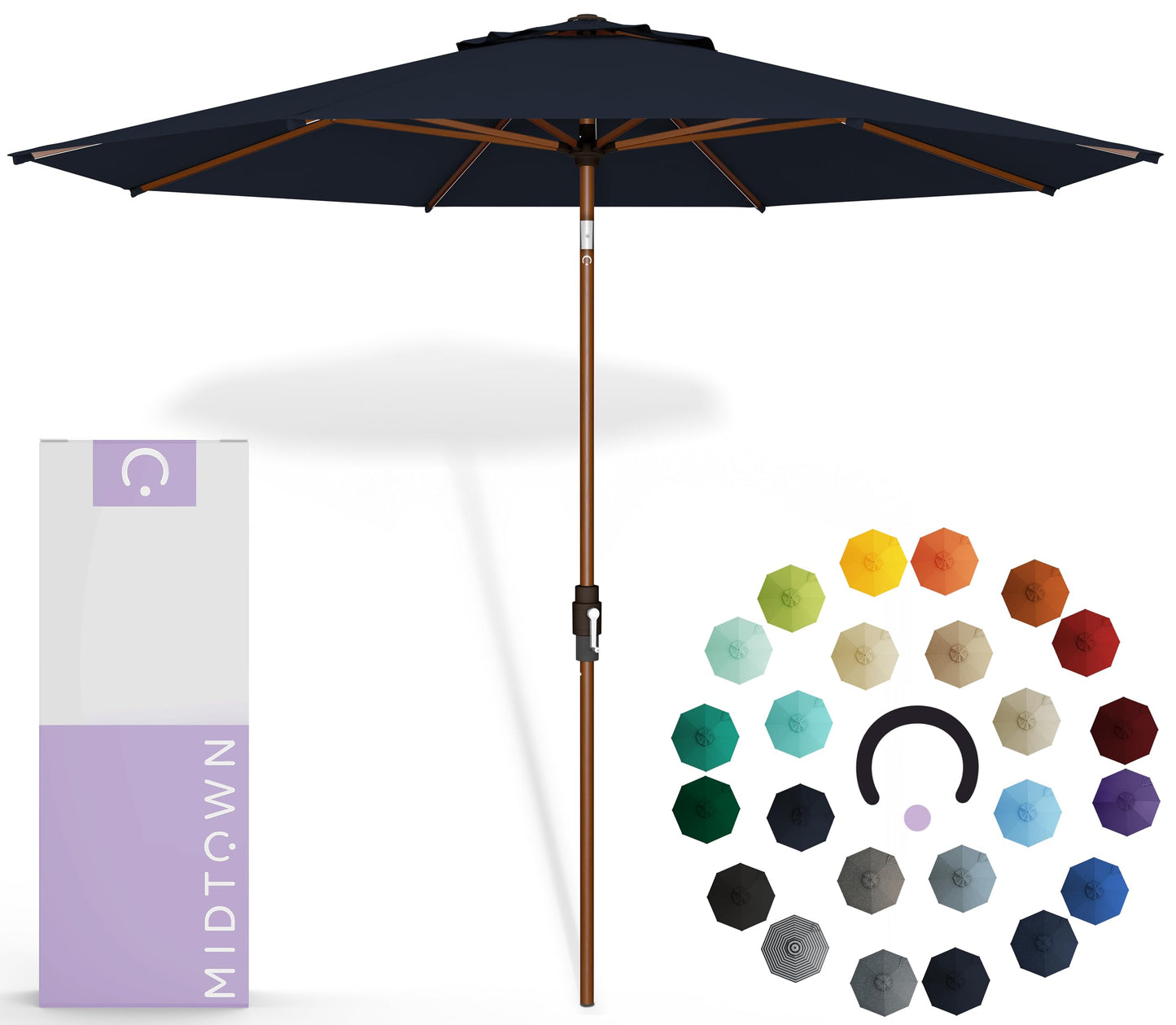 Midtown Umbrellas Wooden 2-8 Ft Patio Umbrella with 360° Swivel & Tilt Mechanism, 8 Fiberglass Ribs & Sunbrella Fabric - Outdoor Umbrella for Deck, Pool & Garden - Burgundy Canopy, Wooden Pole