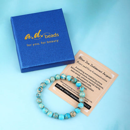 AD Beads 4mm Handmade Blue Sea Sediment Imperial Jasper Elastic Bracelet – Natural Gemstone for Joy & Positivity – Meditation, Yoga, Healing and Energy Gift for Men Women