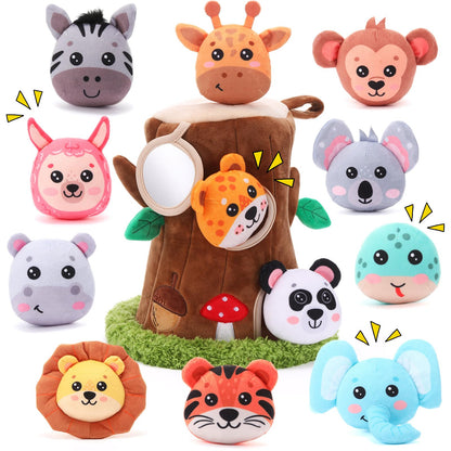 Arrowbash 13 Pcs Plush Animal Tree House Toy for Babies 6-24 Months, Hide and Seek Sensory Toy, Montessori Toddler Learning Toys, Soft Stuffed Animal Playset, Baby Development Toys Gift for Boys Girls
