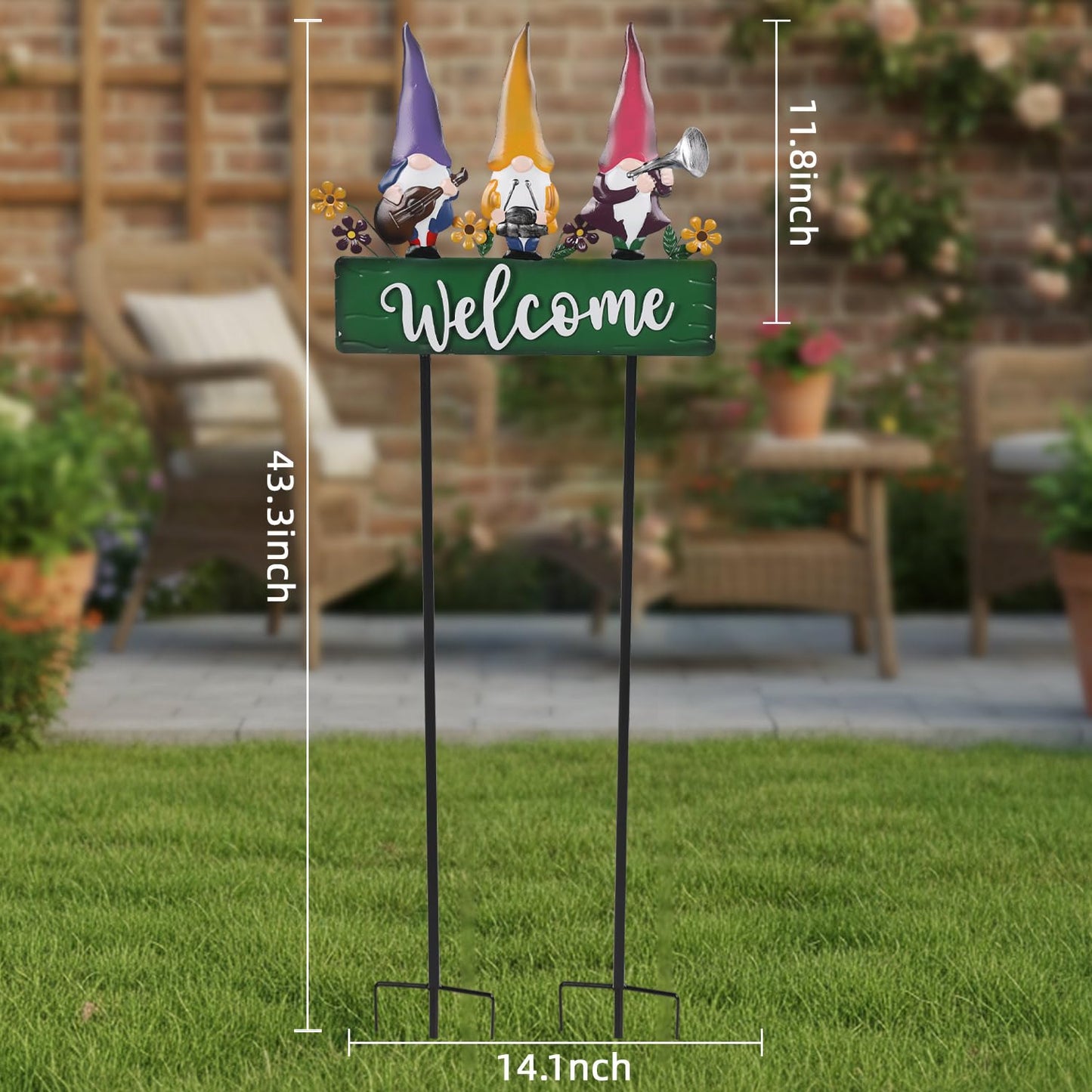 YHSOLAR Spring Gnomes Decorations for Yard with Garden Welcome Sign, Large 43.3inch Musical Gnome Decorative Garden Stakes Metal Yard Art for Outdoor Lawn Decorations