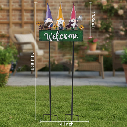 YHSOLAR Spring Gnomes Decorations for Yard with Garden Welcome Sign, Large 43.3inch Musical Gnome Decorative Garden Stakes Metal Yard Art for Outdoor Lawn Decorations