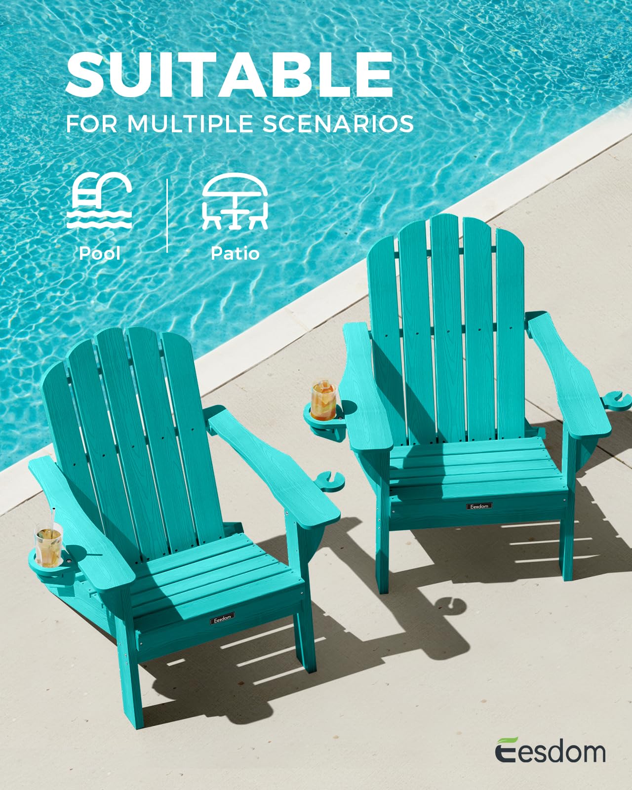Eesdom Folding Adirondack Chair, HDPE Adirondack Chair with 2 Cup Holders, Pre-Assembled Outdoor Fire Pit Chairs for Patio, Garden, Poolside, Lakeblue