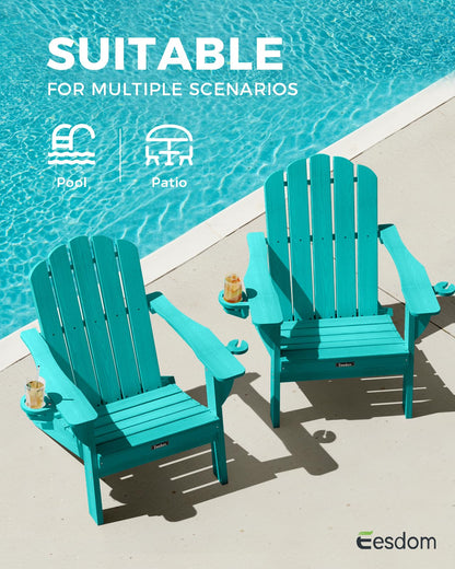 Eesdom Folding Adirondack Chair, HDPE Adirondack Chair with 2 Cup Holders, Pre-Assembled Outdoor Fire Pit Chairs for Patio, Garden, Poolside, Lakeblue
