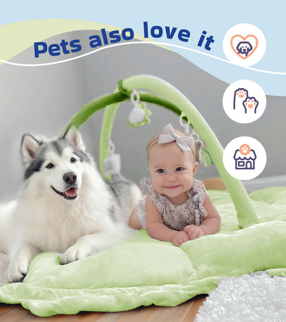 Little Dove 5-in-1 Convertible Baby Play Gym with 6 Toys, Tummy Time Mat for Sensory Development, Baby Activity Center from Newborn to Toddler, Ball Pit, Cat & Dog Bed, Soft Plush Pet Bed, Green