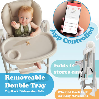 PrimoBaby SnuggleBug 2-in-1 Infant Swing & High Chair, Adjustable Seat Recline, Height, & Feeding Tray, App Control, Music & Nature Sounds, Toy Bar, Ergonomic Cushion, 5 Point Safety Harness