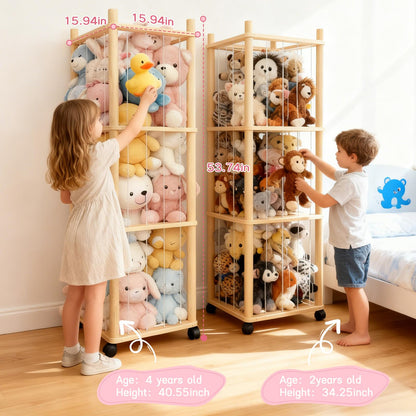 Vercxlyra Stuffed Animal Zoo Storage - Sturdy Solid Wood Toy Organizer with Lockable Wheels, Easy-Assemble/Clean, Large Capacity Plush Toy Cage, Space-Saving for Toddler/Playrooms/Bedrooms