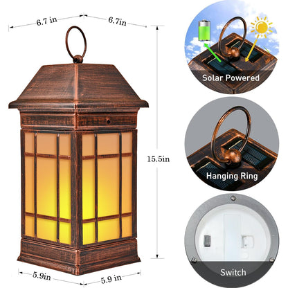 anyperfect 15.5" Solar Lantern Outdoor Waterproof, Glass Flickering Flame Solar Lanterns, Hanging Metal Lantern Decorative for Patio Front Porch Garden Backyard Tabletop Party Decoration