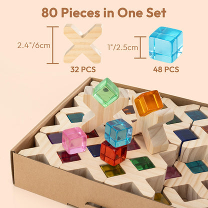 Woodtoe Wooden Building Blocks for Kids, 48 PCS Rainbow Acrylic Gem Cubes Blocks - 32 Wooden Blocks, Montessori Stacking Toy for Toddlers, Educational STEM Learning Sensory Toy Gifts for Boy Girl 3-6