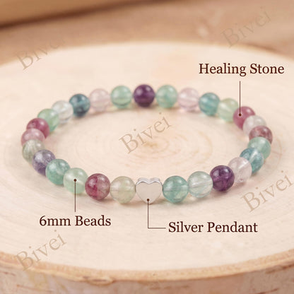 Bivei 6mm Fluorite Crystal Stretch Bracelets for Women, Handmade Natural Stone Beaded Bracelet, Yoga Protection Jewelry Gift