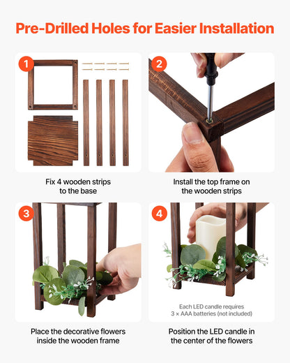 VEVOR 12 Set/36 Pcs Wooden Wedding Lantern Centerpiece, Includes 12 Wooden Lantern Candle Holder 12 Flameless LED Candle 12 Eucalyptus Leaves Wreath for Wedding Table Party Farmhouse Decor, Brown
