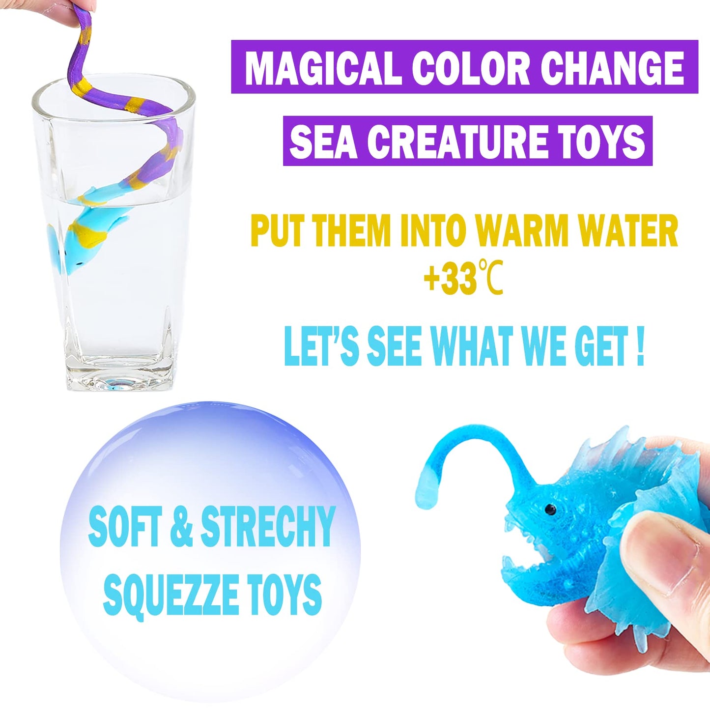 Color Changing No Hole Bath Toys for Kids Toddlers, Color Change Water Table Bathtub Toys Sea Creatures Rubber Fish for Kids & 2 Glow in The Dark Ocean Animal with Bath Book