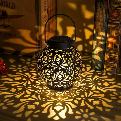 EXCMARK 2 Pack Outdoor Solar Hanging Lantern Lights Metal LED Decorative Lamp for Garden Patio Courtyard Lawn and Table with Hollowed-Out Design (Black)