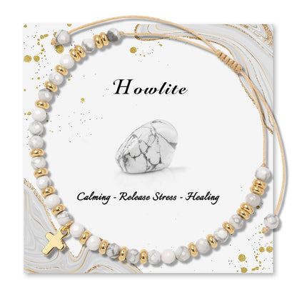 Raicegs Braided Howlite Cross Crystal Bracelet Natural Stone Beaded Bracelet for Women Faith Jewelry Healing Bracelet Christian Gifts for Women Religious Gifts