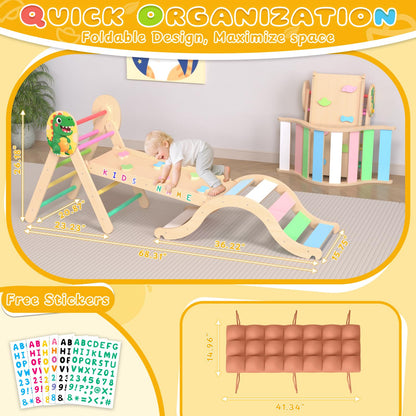 Acenova Pikler Triangle Climbing Set with Cushion and DIY Name Stickers, Montessori Wooden Climbing Gym for Toddlers, Indoor Jungle Gym, Dinosaur Pikler Triangle Arch Ramp Climber Toy