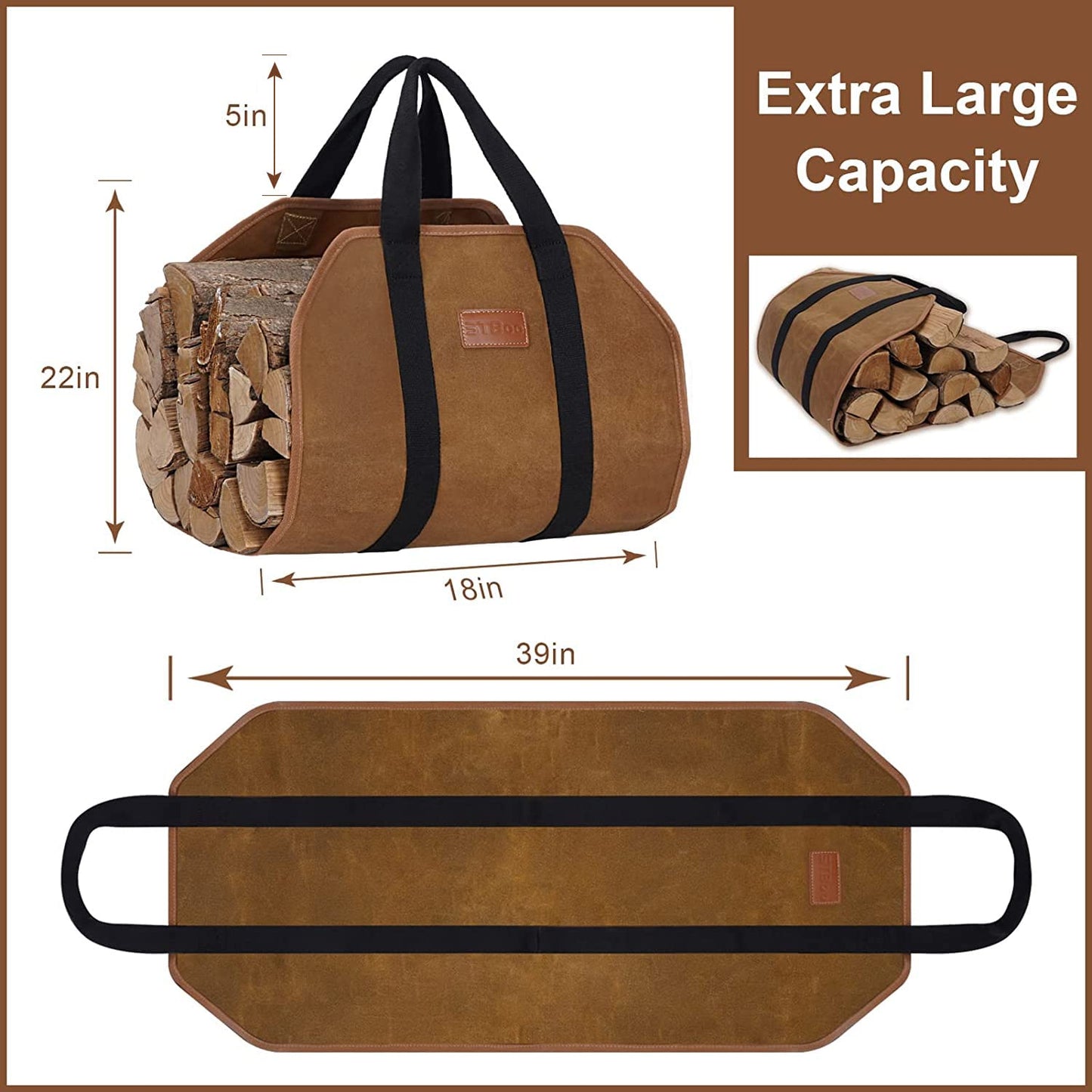 Waxed Canvas Firewood Log Carrier, Heavy Duty Sturdy Large Log Tote Bag for Fire Wood, Firepit Outdoor Camping, BBQ, Fireplace, Wood Stove Accessories,Brown