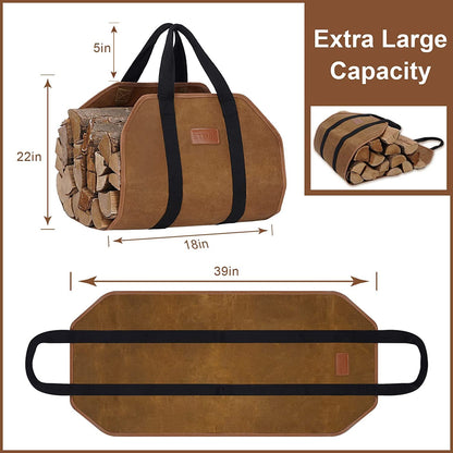 Waxed Canvas Firewood Log Carrier, Heavy Duty Sturdy Large Log Tote Bag for Fire Wood, Firepit Outdoor Camping, BBQ, Fireplace, Wood Stove Accessories,Brown