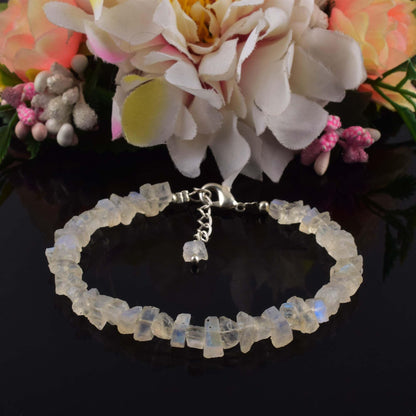 Natural Raw Rainbow Moonstone Bracelet, Rough Beads Gemstone, Healing Crystals, Birthday, Gift for Her, Gemstone Jewelry for Women, Pretection Bracelet