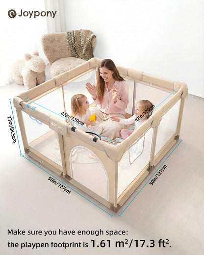 Joypony Baby Playpen, 50x50 in Small Play Pen for Babies and Toddlers, Playpen for Kids with Gate, Indoors Play Yard with Soft Breathable Mesh (Beige)