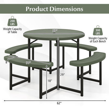 Giantex Picnic Table Bench Set for 4-8 Person, Round 37” Outdoor Dining Table w/Umbrella Hole, HDPE Tabletop, Metal Frame, Patio Furniture Set for Backyard Porch Lawn, 1400lb Capacity (Green,Round)