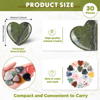 Nuenen 30 Pcs Heart Shape Crystals Bulk 1.2 Inch Gemstone Mother Gift Heart Stone Worry Rocks Quartz Love Wholesale Love Pocket Palm for Valentine's Day Women Mom (Classic Color)