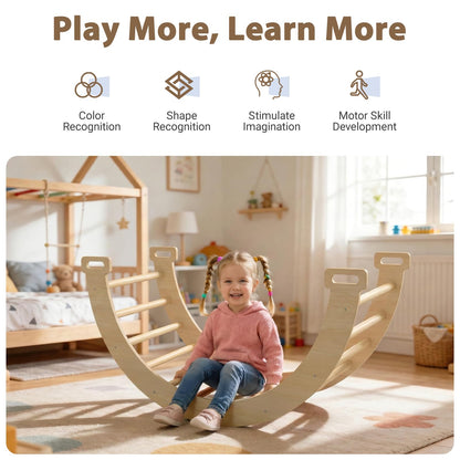 CMFYDAILY Large Pikler Triangle Set, 7-in-1 Toddler Climbing Toys Indoor, Wooden Montessori Climbing Set with Arch Ramp Ladder, Foldable Baby Jungle Gym Playground (Wood Natural)