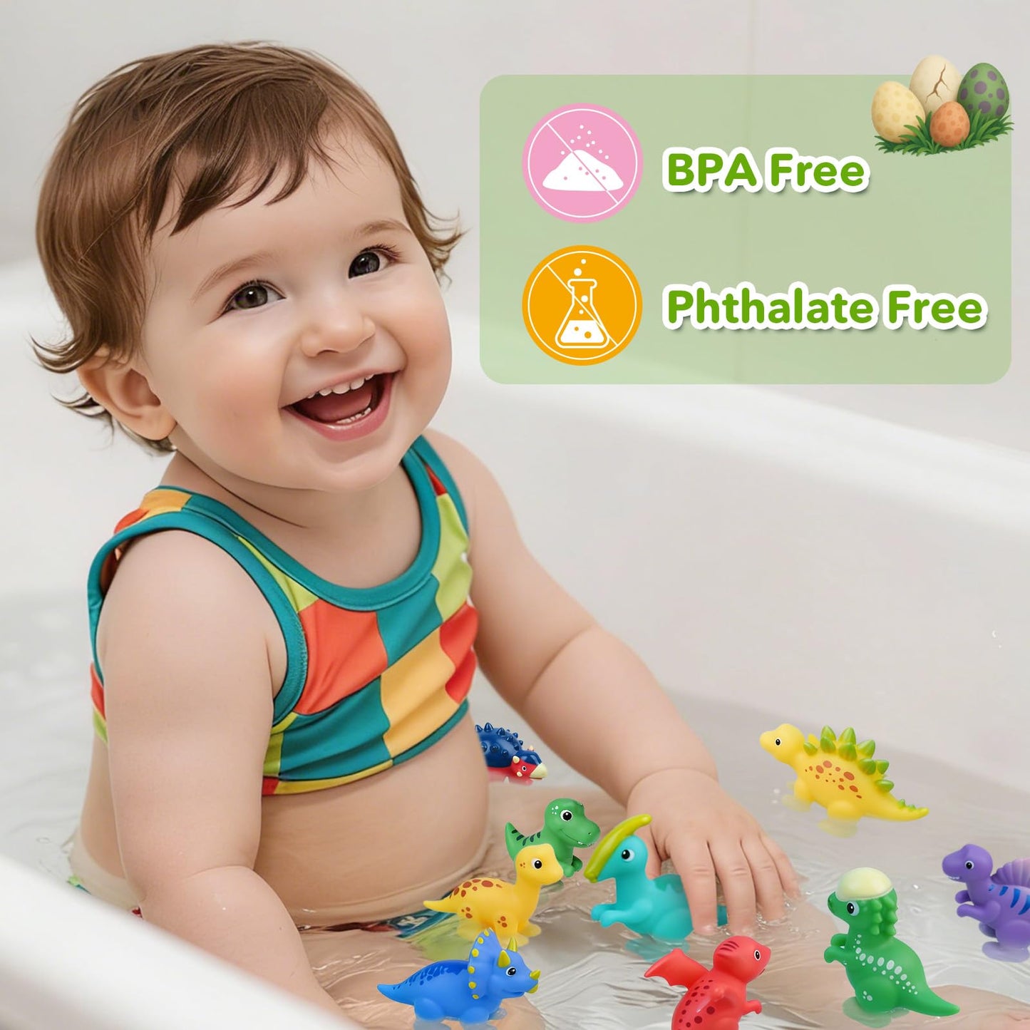 Bsenhe 9PCS Dinosaur Bath Toys for Kids, Mold Free Bath Toys for Toddlers, Float on Water Bathtub Toys for Babies 6-12 Months 1-6 Birthday Christmas Stocking Stuffers Gifts