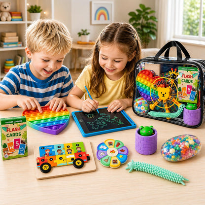 KIDDYPAX Kids Travel Activity Kit, 10-in-1 Montessori Busy Board, LCD Writing Tablet, Wooden Puzzle, Flash Cards & Sensory Fidget Toys, Screen-Free Travel Toys, Gift for Kids Ages 3–10