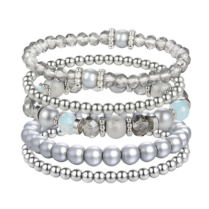 Heclia Beaded Stretch Bracelets Silver Stackable Crystal Beads Bracelets 5PCS Beaded Boho Stretch Bracelet Layering Crystal Stone Bead Bracelet Trendy Costume Jewelry Gifts for Women