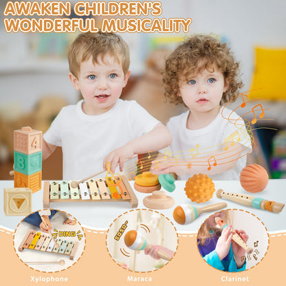 Wuzhineisn Baby Toys 6-12 Months Montessori Toys 6 in 1 Musical Instruments for Toddler, Stacking Blocks Development Learning Educational Toy with Wooden Xylophone Infant Baby Birthday Easter Gift