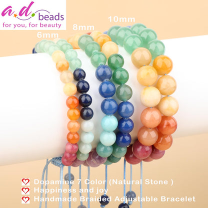 AD Beads 8mm Dopamine 7 Color - Happiness and Joy - Handmade Natural Stone Crystal Bracelet with Adjustable Macrame String - Yoga Healing Power Energy Gifts for Men and Women