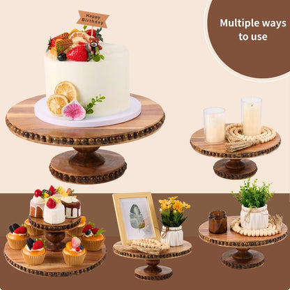 THORNIA Acacia Wood Cake Stand with Handcrafted Beaded Edge - 12 inch Round Decorative Tray & Display Stand for Wedding, Rustic Home Decor, Centerpiece, Desserts, Vanity or Coffee Table