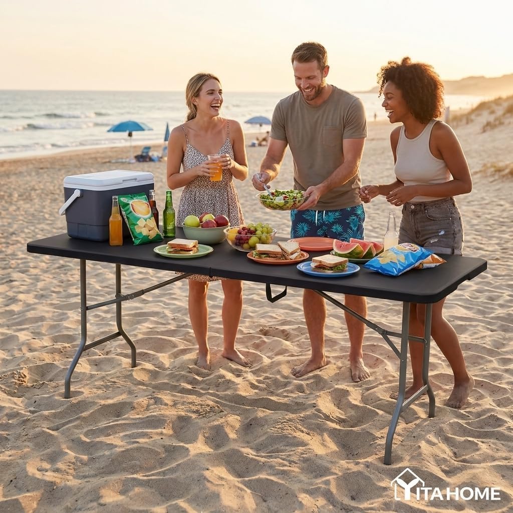 YITAHOME 6ft Folding Table w/1.38" Thick Tabletop Heavy Duty, Portable Outdoor Folding Table w/Carrying Handle for Camping Picnic Parties/Indoor Events, Black