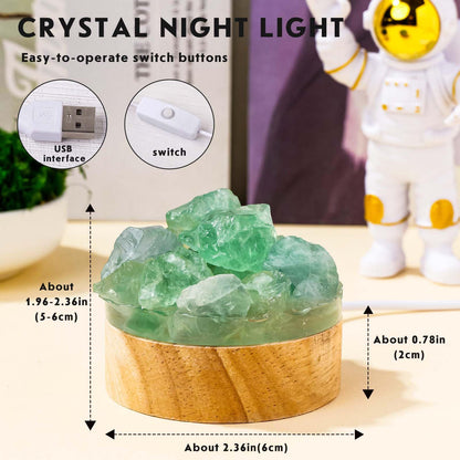 Runyangshi Fluorite Night Light with Natural Raw Green Crystal - USB Powered Focus Lamp for Study, Office, Meditation, Healing Crystal Decor with Wood Base, Clarity & Learning Aid