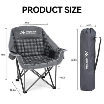 Huskfirm Oversized Camping Chair Padded Camping Chairs Heavy-Duty Foldable Camping Chairs with Cup Holder and Cooler Bag Portable Lawn Chair for Sports Outdoors-Support 450LBS, Grey