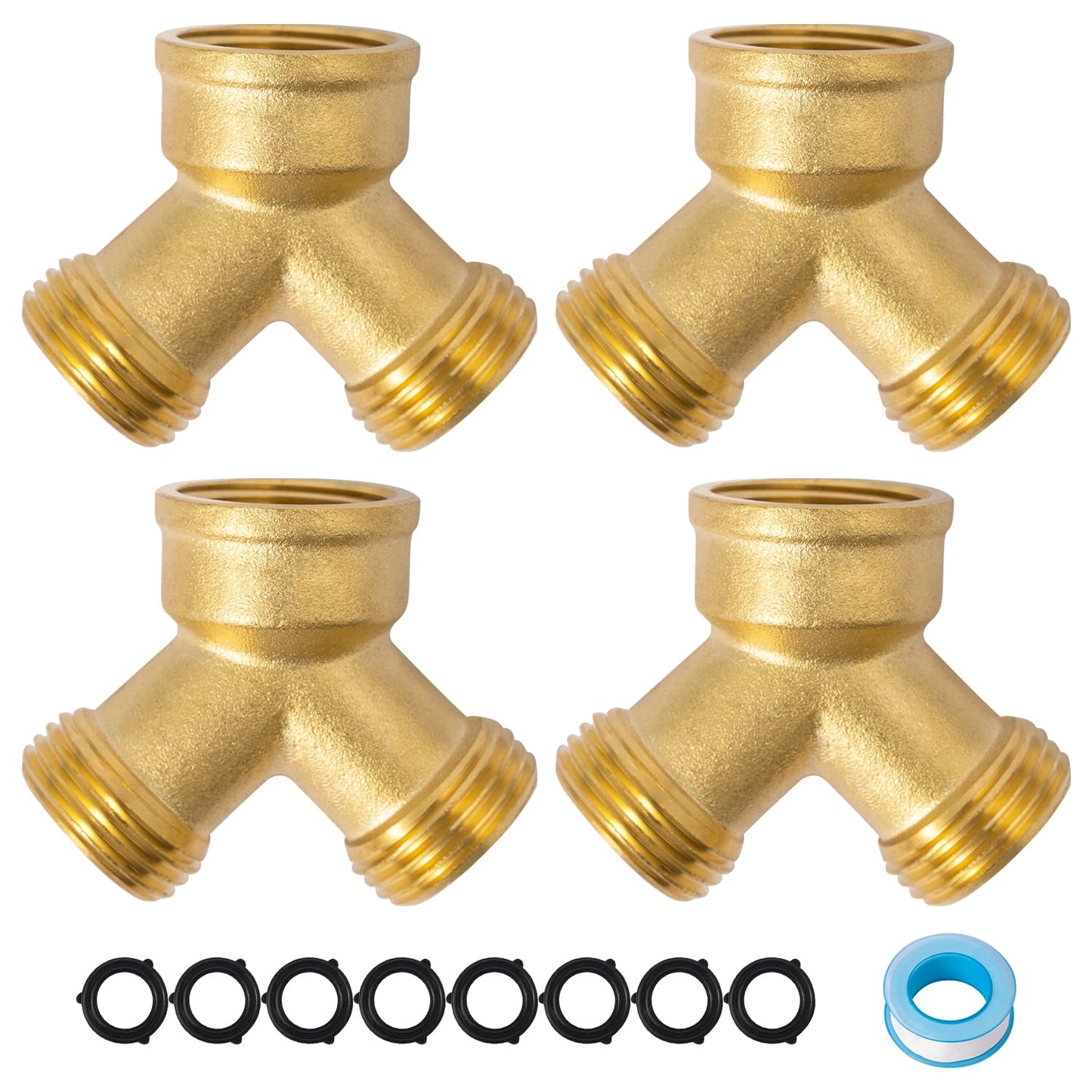 SUNGATOR 3/4 Inch GHT Y Valve, 2 Way Heavy Duty Brass Garden Hose Splitter, 3/4'' GHT Garden Hose Bib Splitters, Brass Y Valves with Extra 8 Rubber Washers, 1 Sealing Tape (4-Pack)