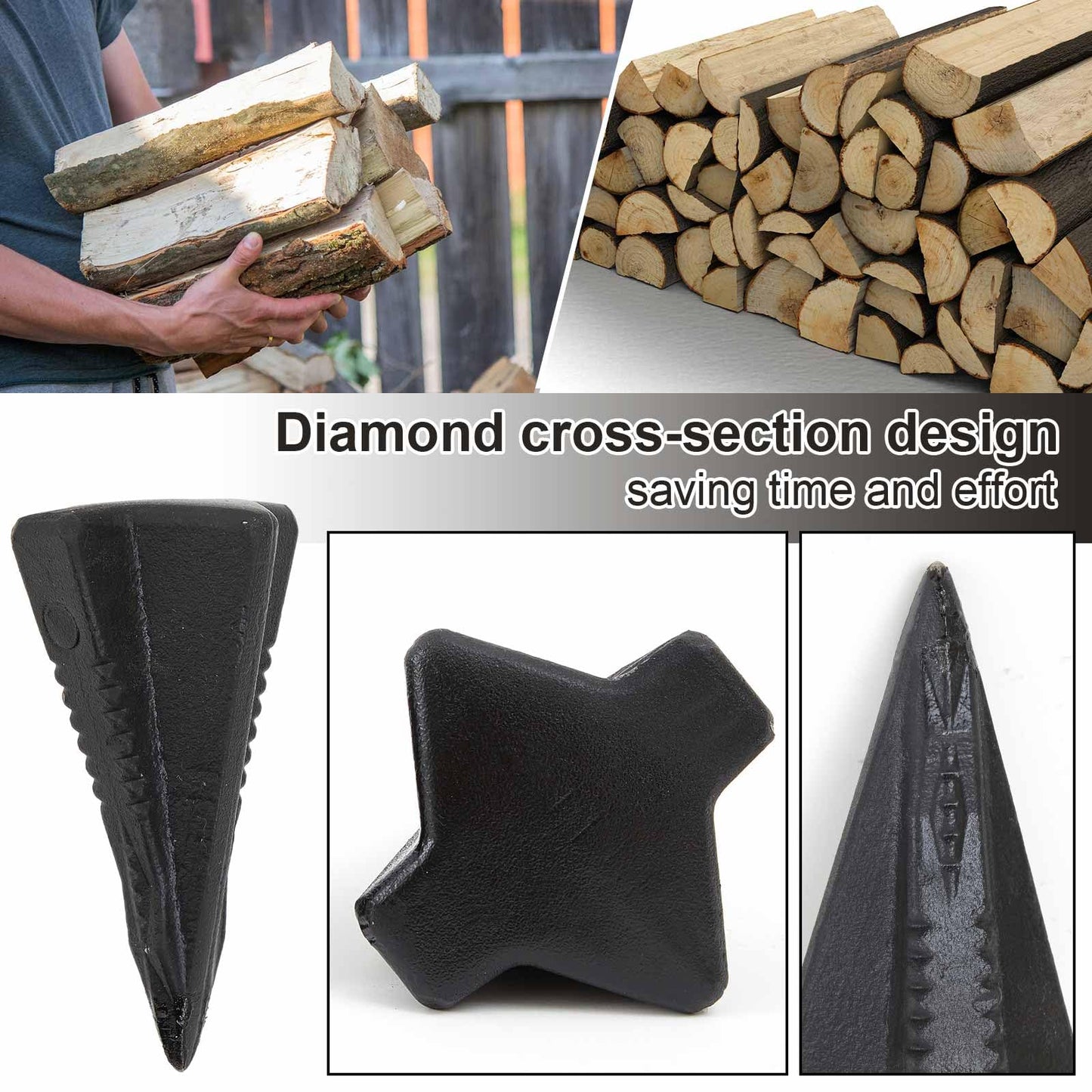 Otoolling 1 Pcs 5 Lbs Wood Splitting Wedges Manual Log Splitter Wedge 4-Direction Diamond Design Forged Steel Tool for Easy Wood Splitting Splits Firewood into 4 Pieces Less Effort(Black)