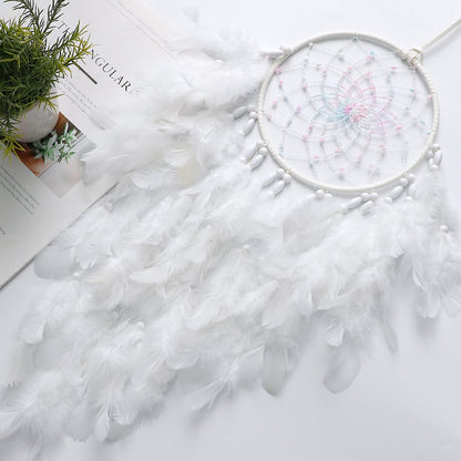 Dremisland White Feathers Dream Catcher Wall Hanging Elegant Wall Art Room Decoration for Windows Balcony Bedroom Wedding Party Gift for Girls and Kids (with Lights)
