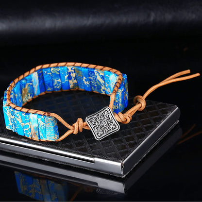 KunBead Blue Chakra Imperial Jasper Bracelets for Women Healing Crystal Natural Stone Bead Leather Wrap Handmade Rope Adjustable Bracelets